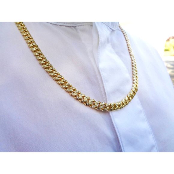 Icy Cuban Curb Pave CZ Chain, Gold Miami Necklace Real Gold Plated 925 Silver - Picture 1 of 7